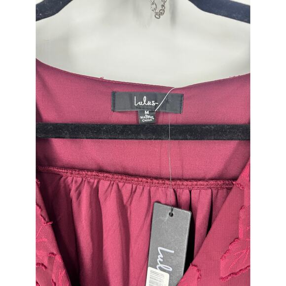 NWT Lulu's Blissfully Burgundy Jacquard Short Sleeve Wrap Midi Dress - Picture 5 of 6